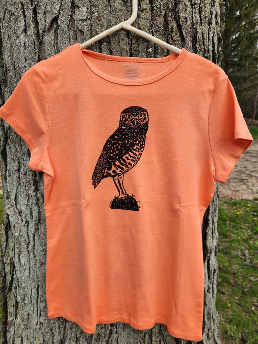 hand printed burrowing owl shirt - upcycled thrifted tee - large