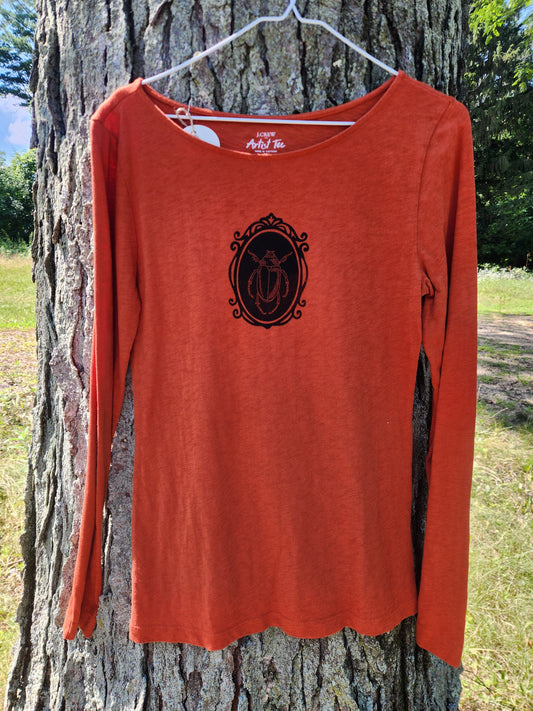 hand printed beetle shirt - upcycled thrifted long sleeve - medium