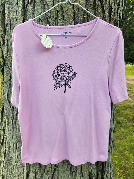 hand printed hydrangea shirt - upcycled thrifted tee - xlarge