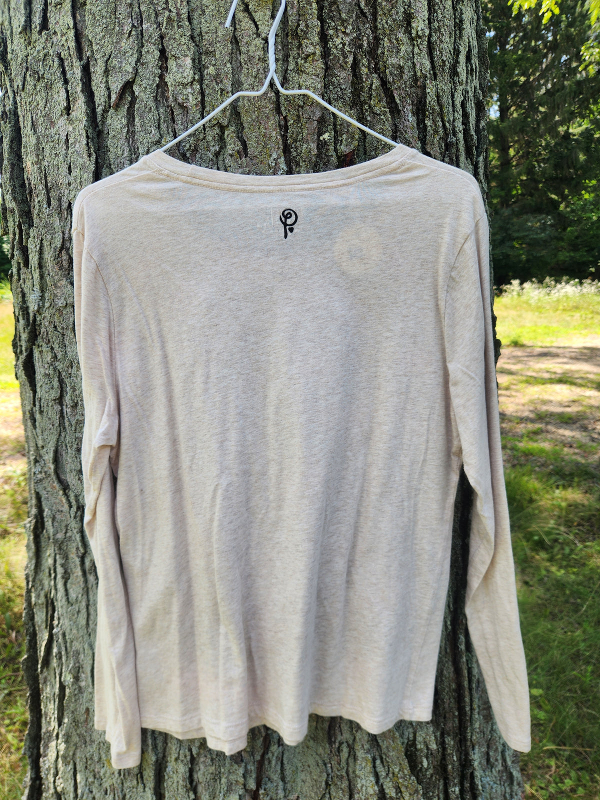 hand printed american chesnut shirt - upcycled thrifted long sleeve tee - large