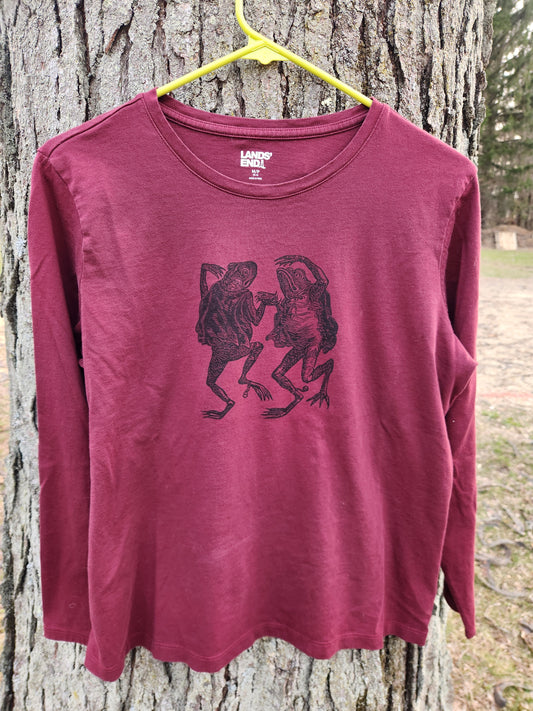 hand printed dancing toad shirt - upcycled thrifted long sleeve tee - medium