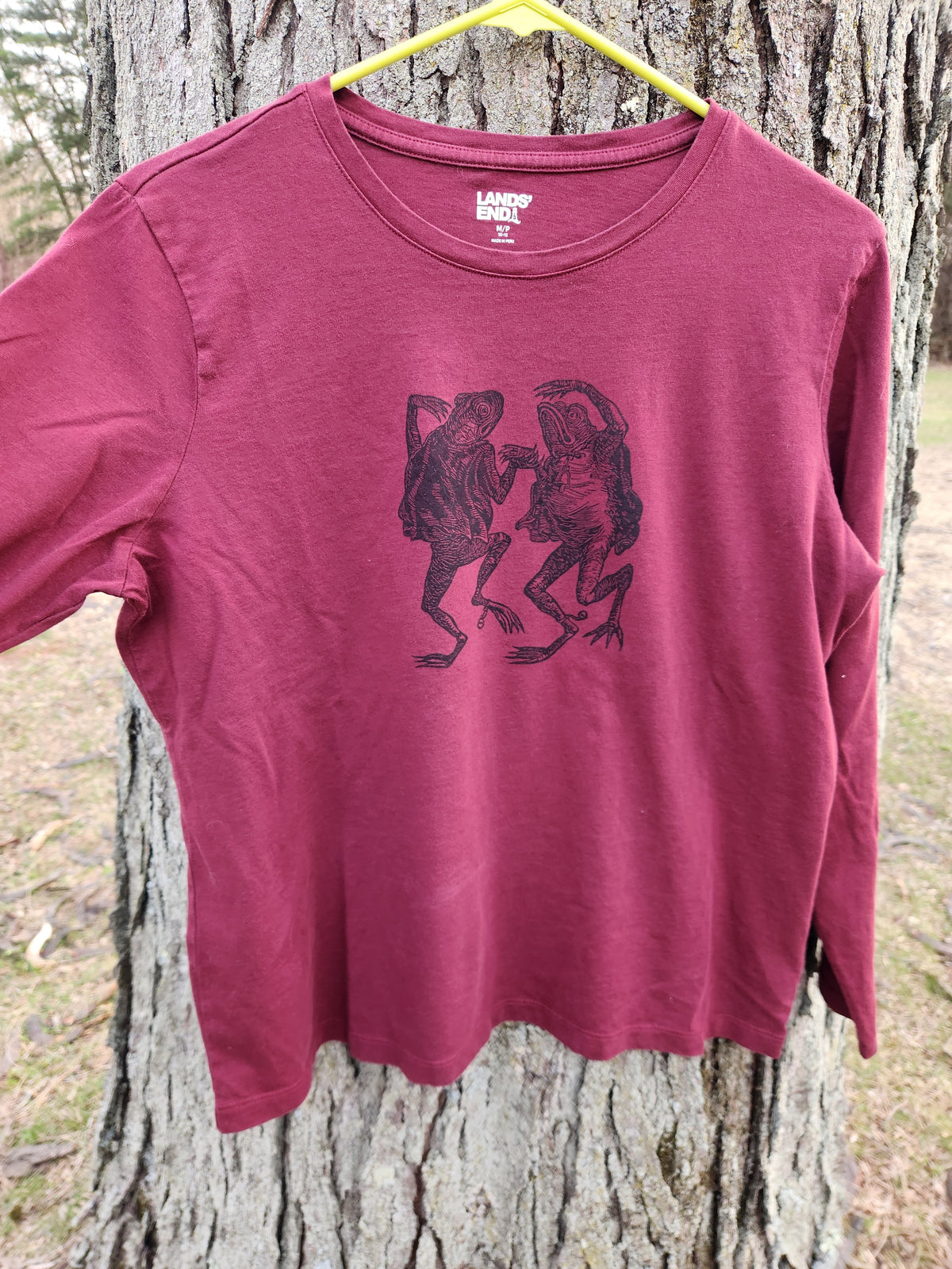 hand printed dancing toad shirt - upcycled thrifted long sleeve tee - medium