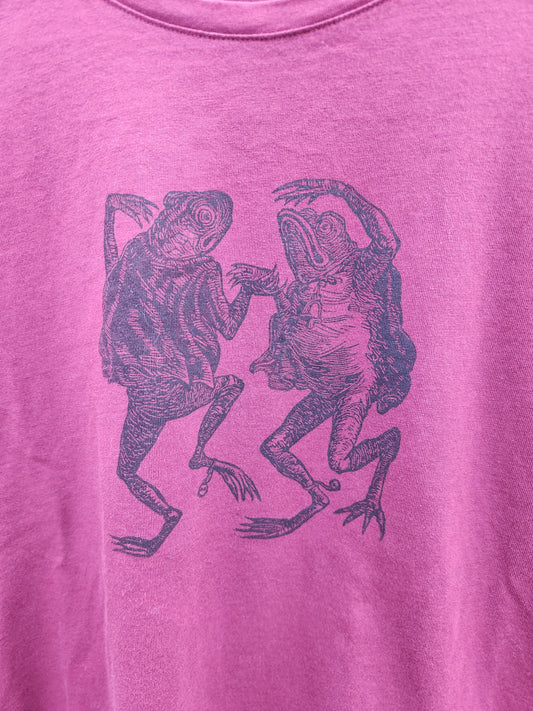 hand printed dancing toad shirt - upcycled thrifted long sleeve tee - medium