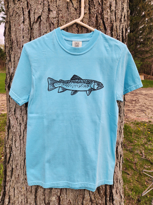 hand printed brook trout shirt - upcycled thrifted tee - small