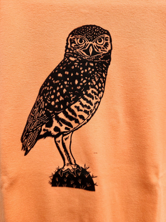 hand printed burrowing owl shirt - upcycled thrifted tee - large