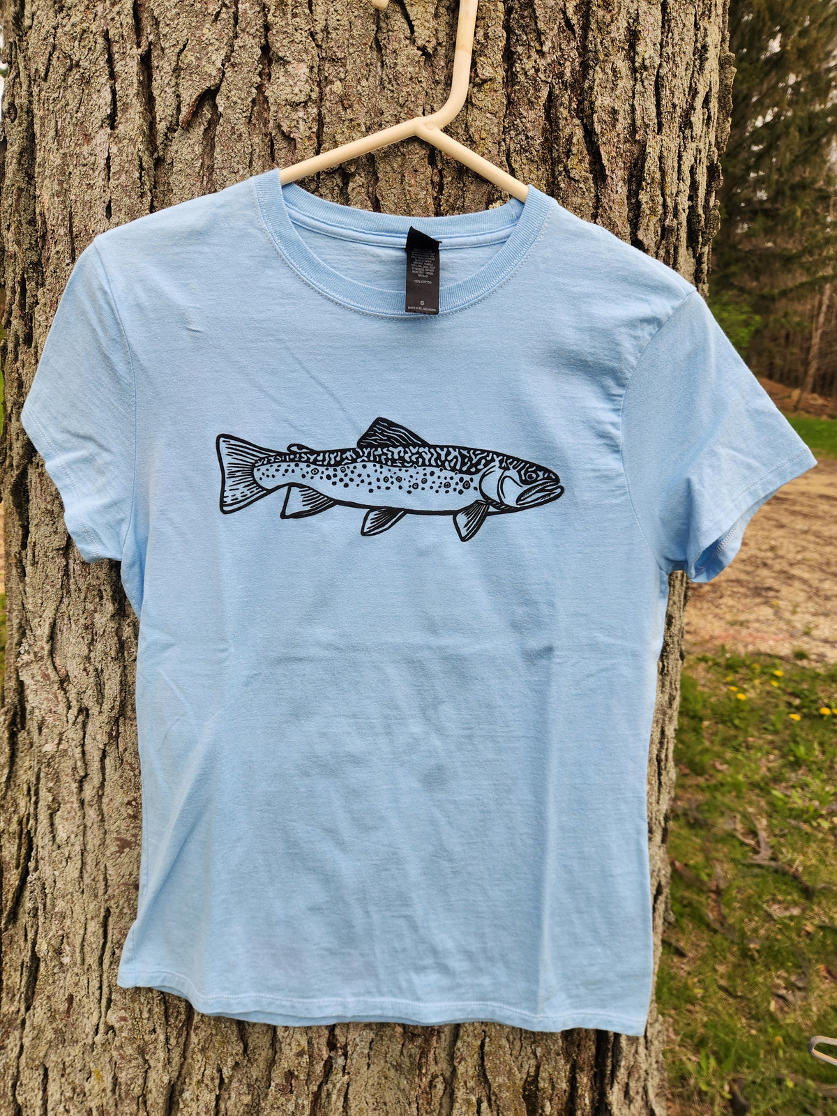 hand printed brook trout shirt - upcycled thrifted tee - small