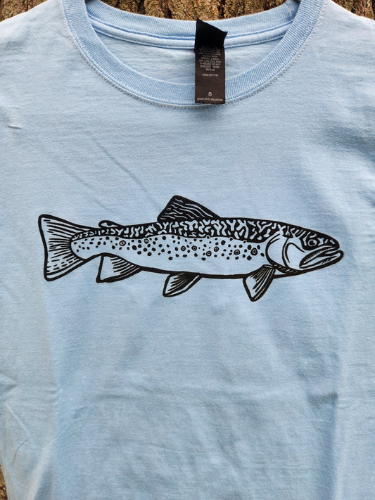hand printed brook trout shirt - upcycled thrifted tee - small