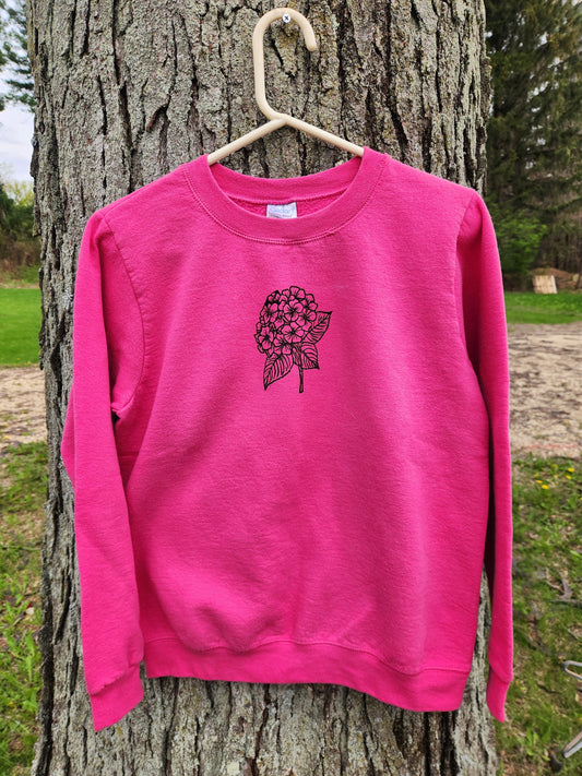 hand printed hydrangea sweater - upcycled thrifted crewneck sweater - small