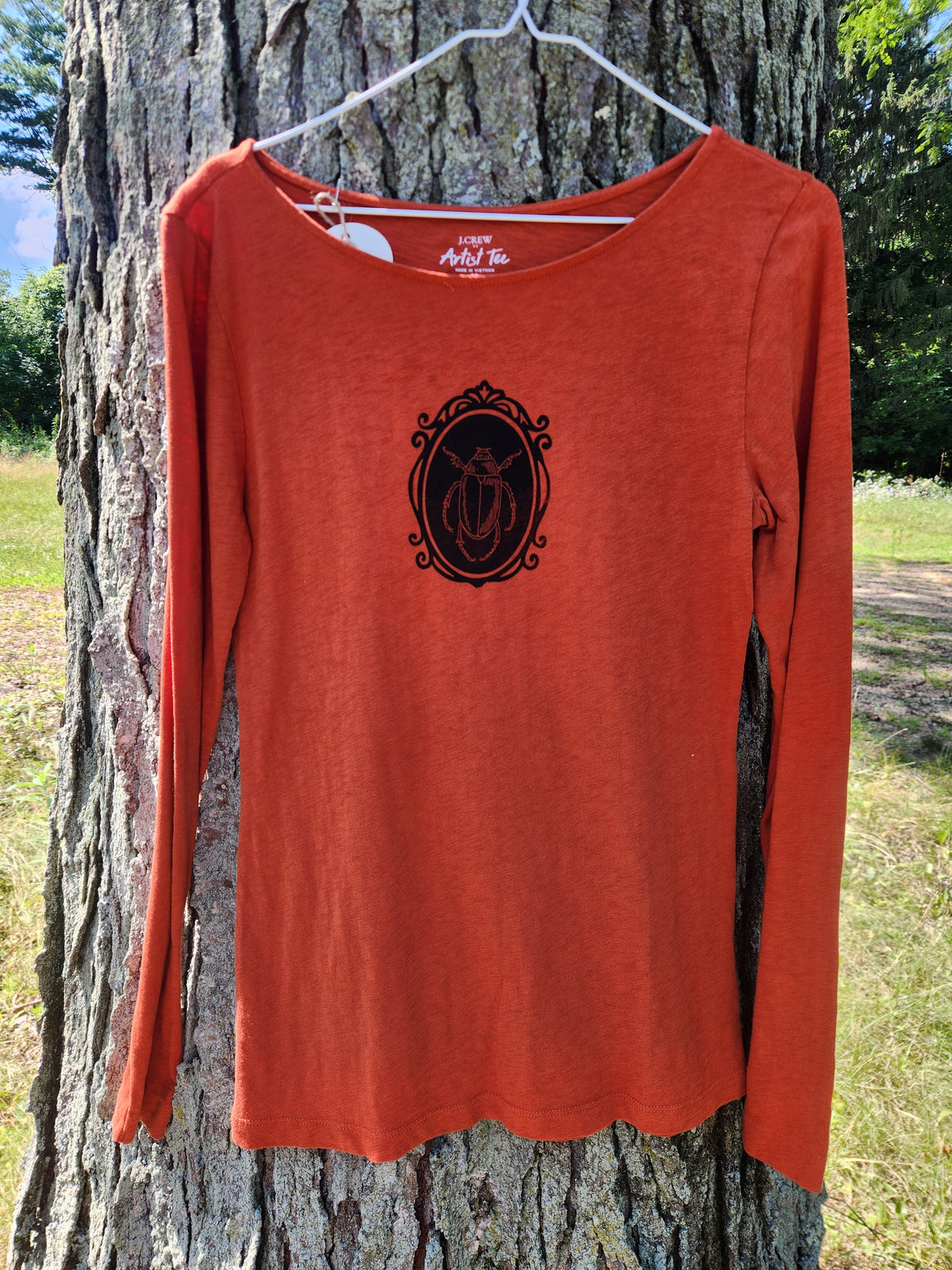 hand printed beetle shirt - upcycled thrifted long sleeve - medium