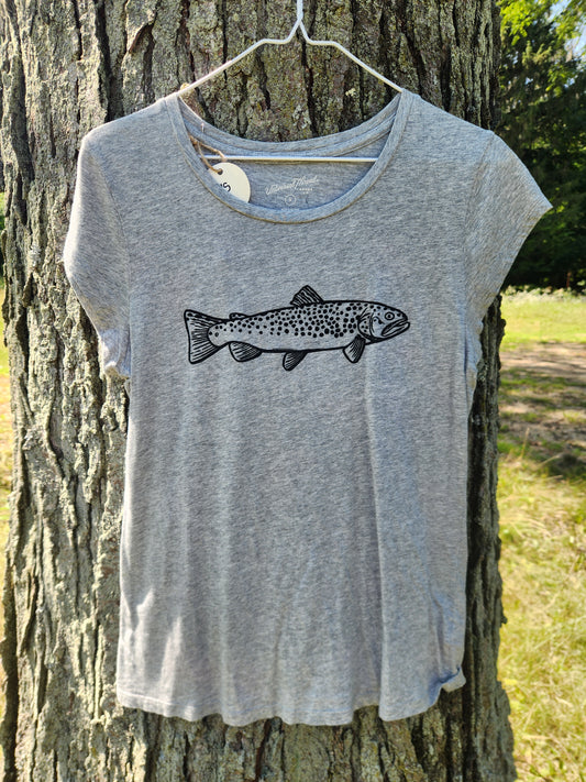 hand printed brown trout shirt - upcycled thrifted tee - medium