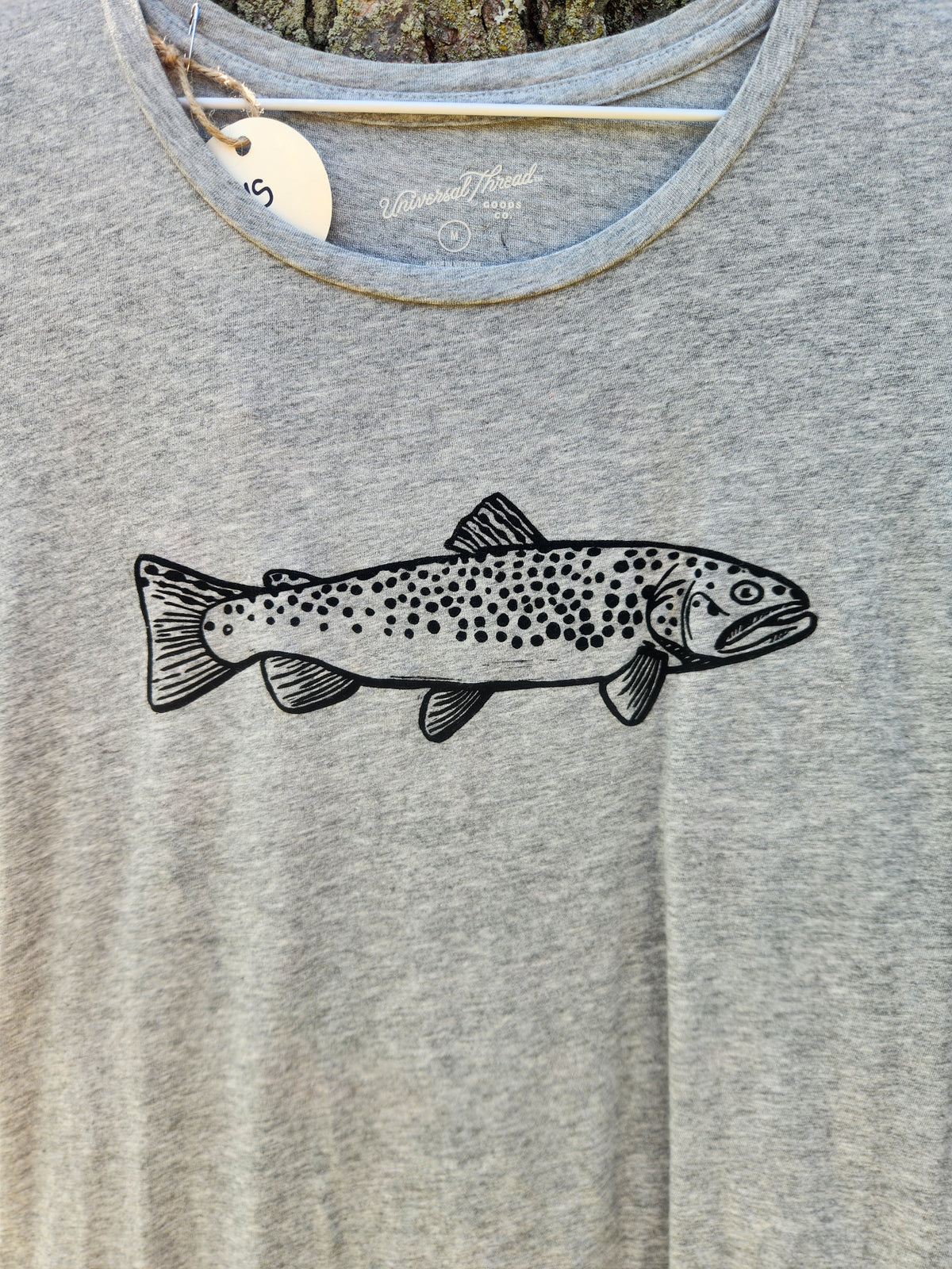 hand printed brown trout shirt - upcycled thrifted tee - medium