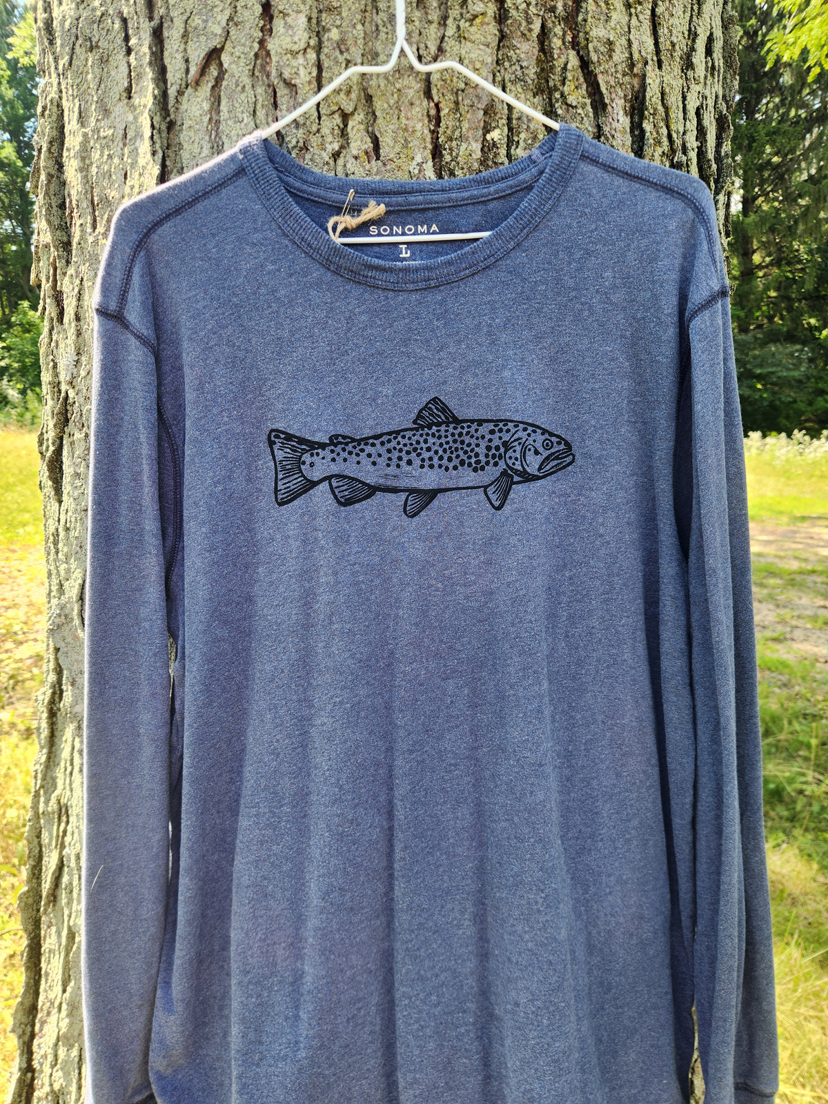 hand printed brown trout shirt - upcycled thrifted tee - large