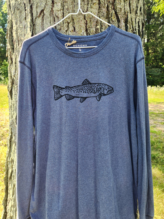 hand printed brown trout shirt - upcycled thrifted tee - large