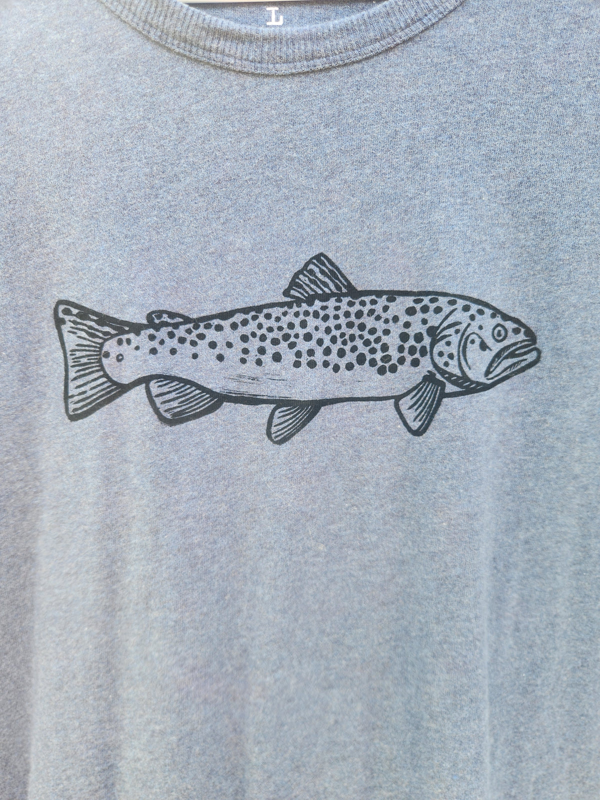 hand printed brown trout shirt - upcycled thrifted tee - large