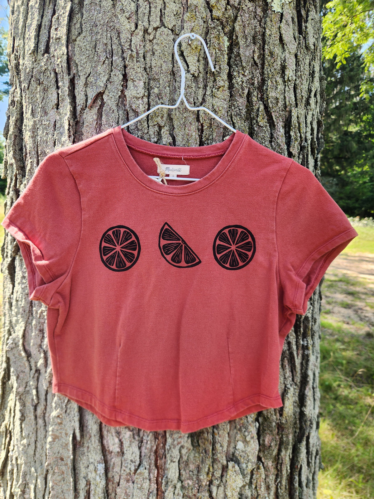 hand printed orange slice crop tee shirt - upcycled thrifted tee - medium