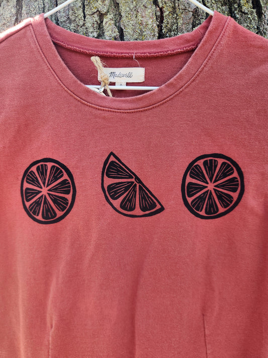 hand printed orange slice crop tee shirt - upcycled thrifted tee - medium