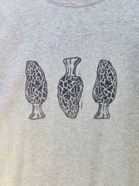 hand printed morels shirt - upcycled thrifted tee - medium