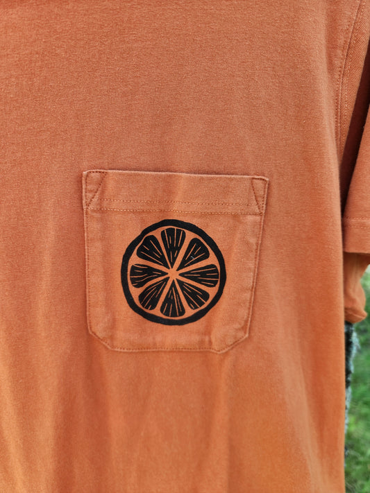 hand printed orange slice pocket shirt - upcycled thrifted tee - xxlarge
