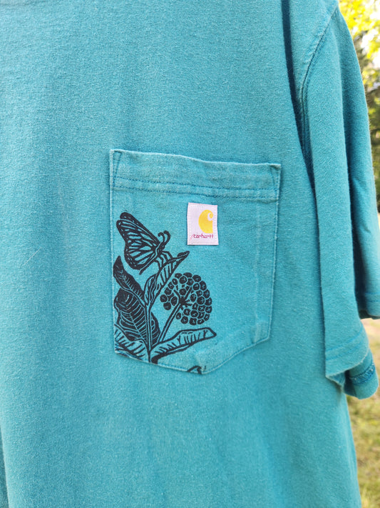 hand printed monarch pocket shirt - upcycled thrifted tee - 1xlarge