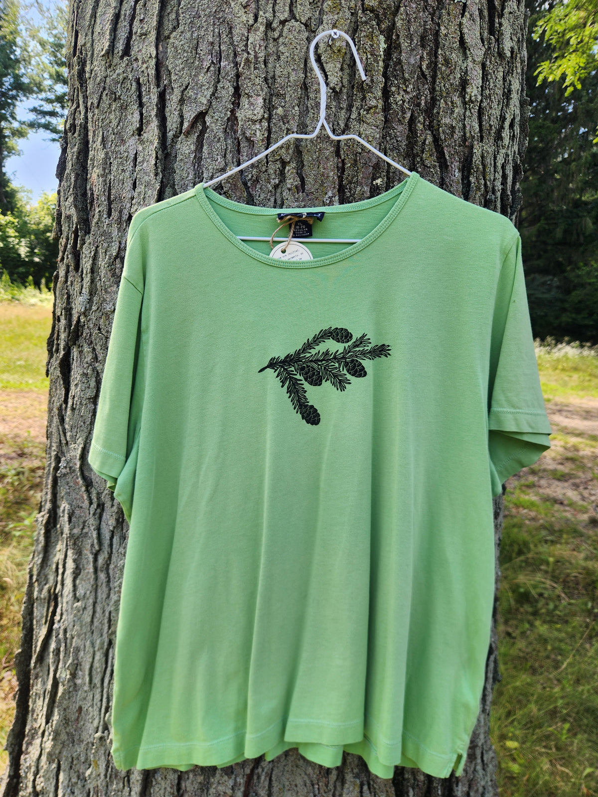 hand printed spruce shirt - upcycled thrifted tee - xlarge