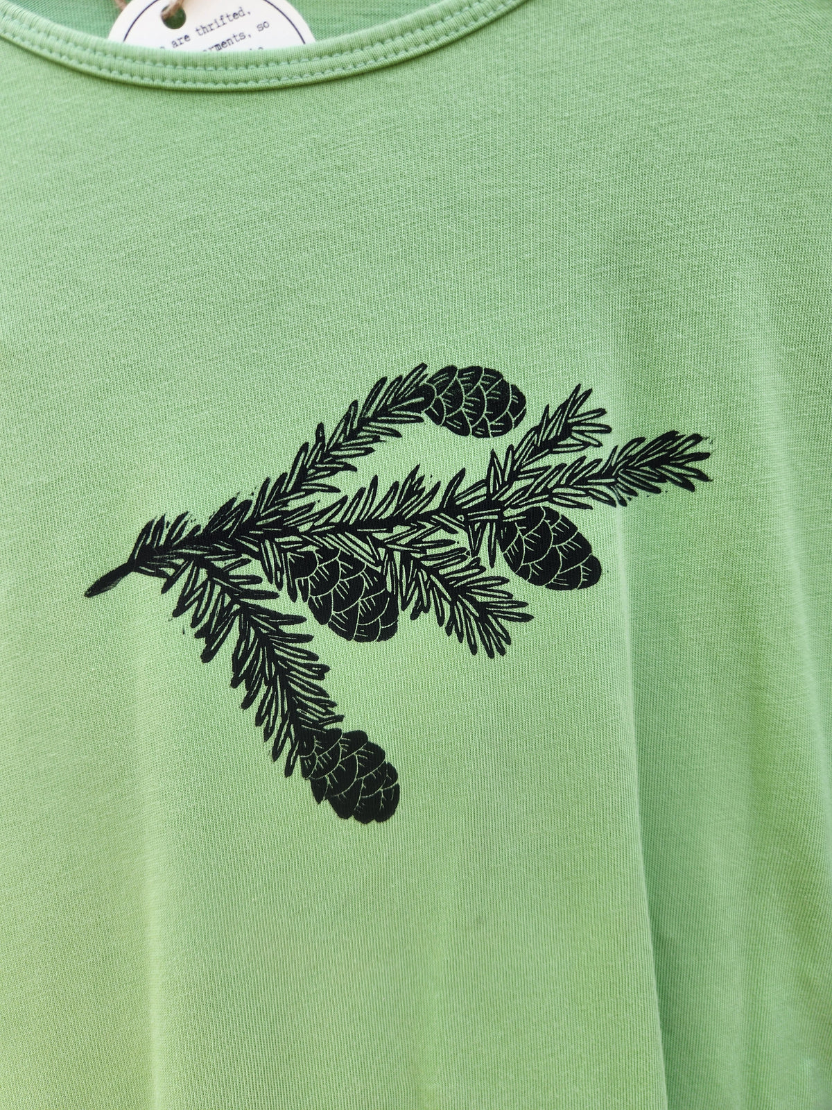 hand printed spruce shirt - upcycled thrifted tee - xlarge