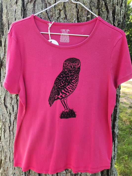 hand printed burrowing owl shirt - upcycled thrifted tee - large