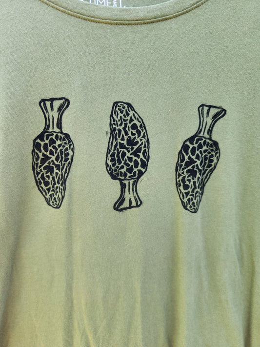 hand printed morels shirt - upcycled thrifted tee - large