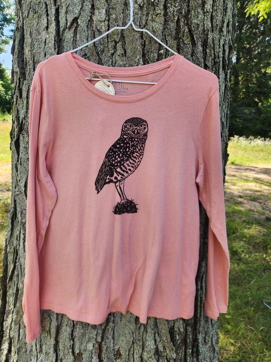 hand printed burrowing owl shirt - upcycled thrifted tee - large
