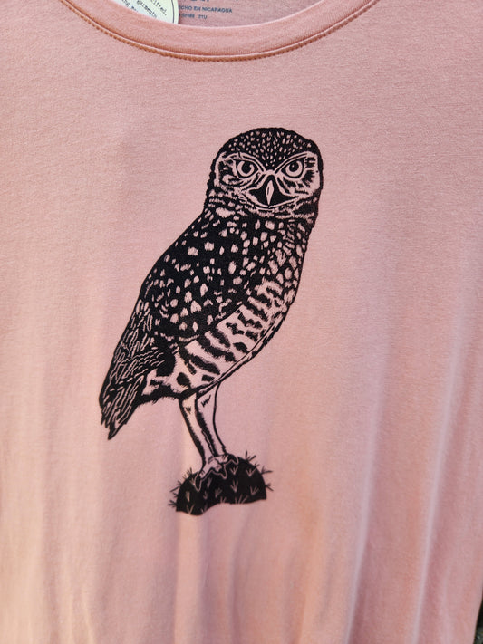 hand printed burrowing owl shirt - upcycled thrifted tee - large