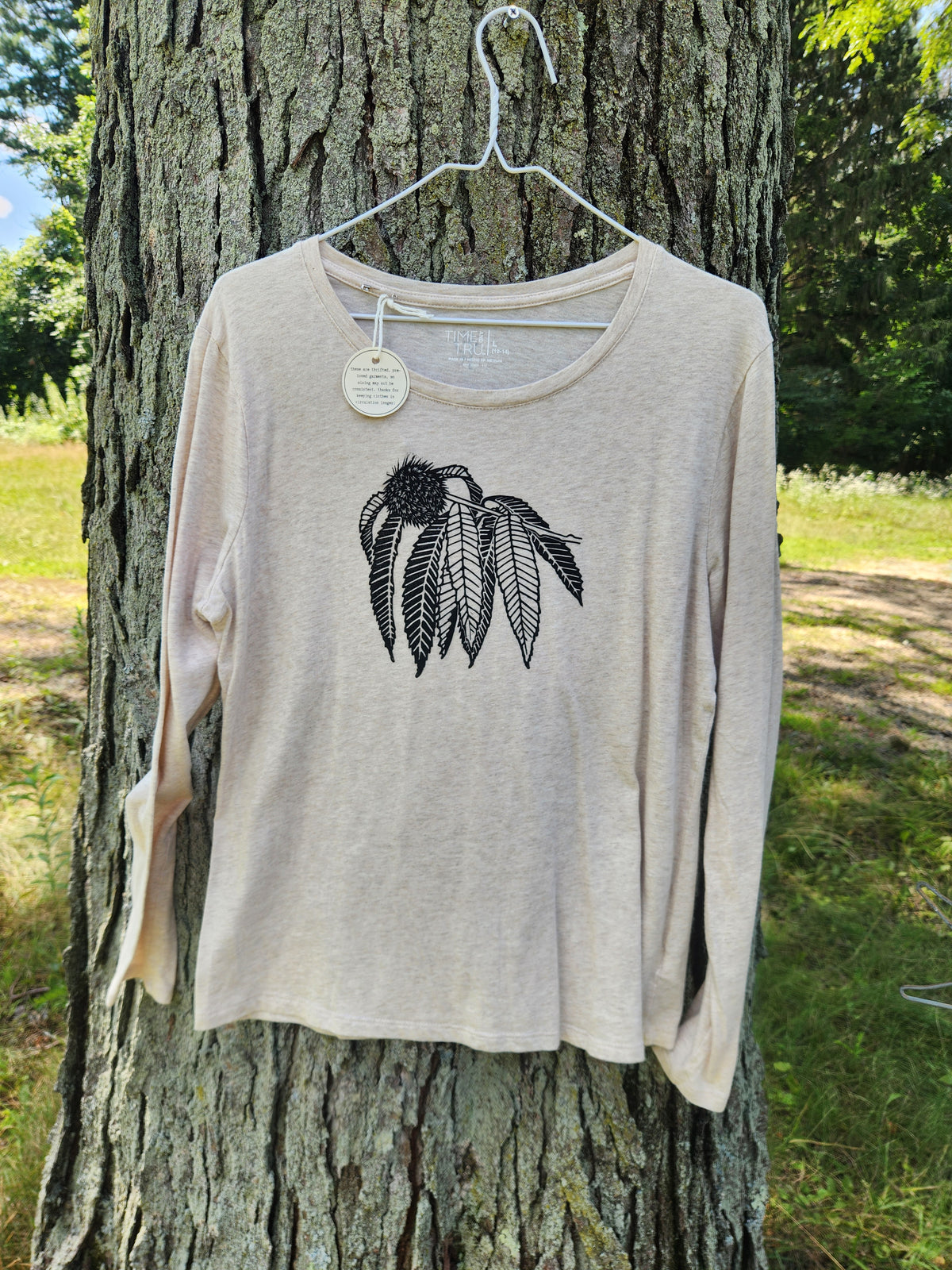 hand printed american chesnut shirt - upcycled thrifted long sleeve tee - large