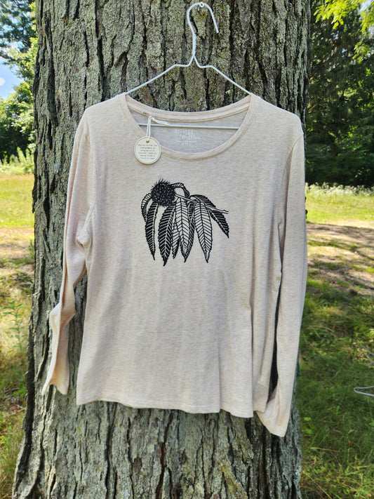 hand printed american chesnut shirt - upcycled thrifted long sleeve tee - large