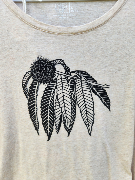 hand printed american chesnut shirt - upcycled thrifted long sleeve tee - large