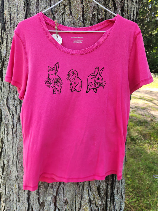 hand printed bunny shirt - upcycled thrifted tee - large